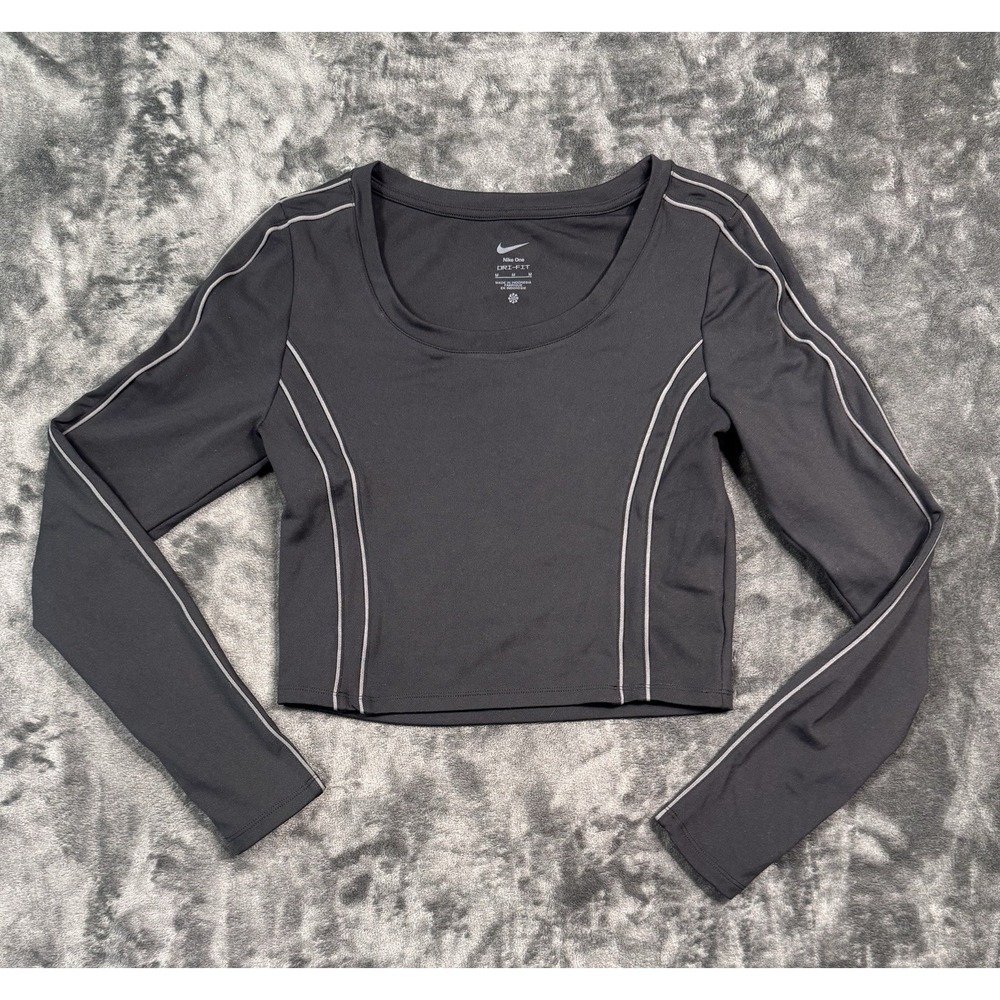 Nike One Dri-FIT Women's Black Cropped Long Sleeve Top Grey Piping Medium